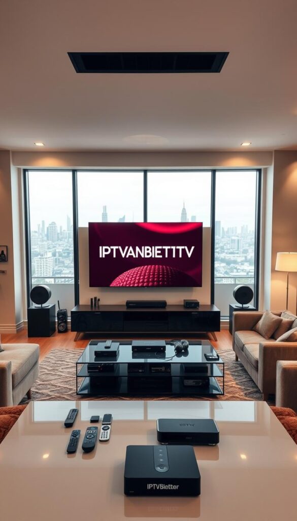 A sleek and modern living room scene with a large flat-screen TV mounted on the wall. In the foreground, a stylish entertainment center showcases the IPTVANBIETERTV brand name prominently. The room is bathed in warm, diffused lighting, creating a cozy and inviting atmosphere. Various streaming devices, remote controls, and other media accessories are neatly arranged, suggesting the flexibility and convenience of the IPTV Jahresabo service. The middle ground features comfortable seating arrangements, including a plush sofa and armchairs, inviting viewers to relax and enjoy their favorite content on multiple devices. The background depicts a minimalist, contemporary interior design with large windows overlooking a cityscape, conveying a sense of urban sophistication.