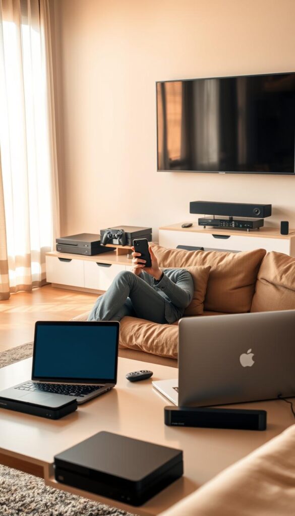 A sleek and modern living room setting, with a large flatscreen TV mounted on the wall. In the foreground, a person is sitting on a comfortable couch, intently focused on a smartphone in their hands. On the coffee table in front of them, a laptop and remote control are visible, hinting at the setup process. The room is bathed in warm, natural lighting, creating a cozy and inviting atmosphere. In the background, various entertainment devices such as a set-top box, gaming console, and soundbar are neatly arranged, showcasing the versatility of the IPTVANBIETERTV service. The overall scene conveys the ease and convenience of setting up and accessing IPTV on a variety of devices.