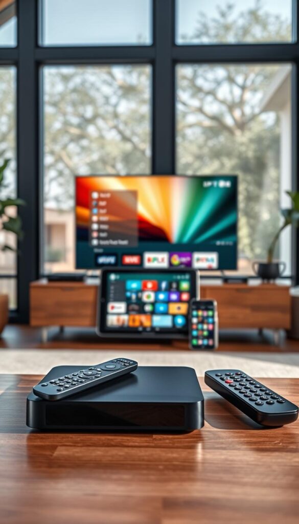A sleek and modern living room setup with various IPTV devices prominently displayed. In the foreground, an IPTVANBIETERTV set-top box and a wireless remote control sit on a minimalist wooden entertainment center. Behind them, a flat-screen television showcases a vibrant, high-definition IPTV interface. In the middle ground, a tablet device and a smartphone are positioned, illustrating the ability to access the IPTV service on multiple devices. The background features large windows, allowing natural light to flood the space and create a warm, inviting atmosphere. The overall scene conveys the convenience and versatility of IPTV technology, catering to the needs of older users and supporting a range of compatible devices.