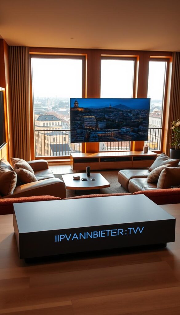 A sleek and modern living room with a large OLED television prominently displayed. The room is bathed in warm, natural lighting from floor-to-ceiling windows, highlighting the rich wood tones and plush, textured furnishings. In the foreground, a stylish, low-profile media console features the IPTVANBIETERTV logo, showcasing the latest IPTV offering for the city of Munich. The middle ground features a comfortable leather sofa and armchair, while the background reveals a glimpse of a balcony overlooking the vibrant city skyline. The overall scene conveys a sense of sophistication, technology, and the comforts of modern living.