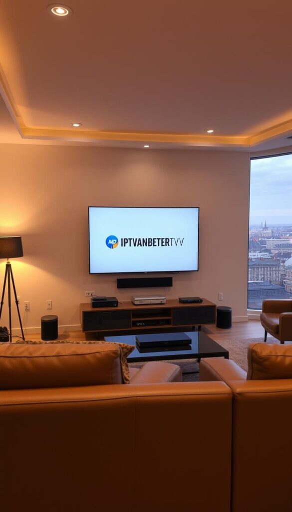 A sleek and modern living room with a large flat-screen TV mounted on the wall, displaying the IPTVANBIETERTV brand logo. The room is bathed in warm, diffused lighting from floor lamps and recessed ceiling fixtures, creating a cozy and inviting atmosphere. In the foreground, a comfortable leather sofa and matching armchair provide a perfect spot for enjoying the IPTV experience. The middle ground features a minimalist entertainment center with a high-end media player and various streaming devices. The background showcases a panoramic view of a vibrant German cityscape through large windows, hinting at the wide range of international channels available through the IPTV service.