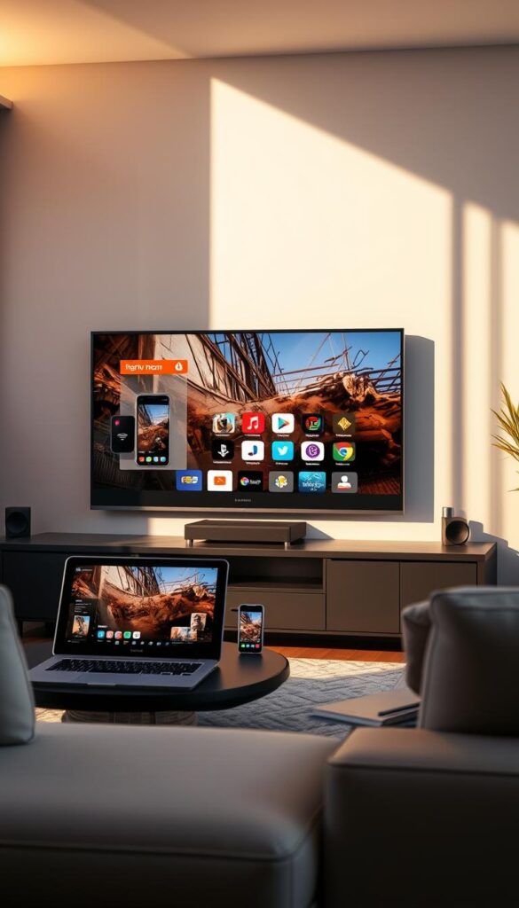 A sleek and modern living room with a large flat-screen TV prominently displayed. On the TV screen, various devices are shown, including a smartphone, tablet, and laptop, all seamlessly connected to an IPTVANBIETERTV IPTV service. The room is bathed in warm, natural lighting, creating a cozy and inviting atmosphere. The devices are arranged in a way that showcases the versatility and flexibility of the IPTV service, allowing users to access their favorite content on multiple platforms. The overall scene conveys a sense of technological sophistication and the convenience of having a comprehensive IPTV solution that can be enjoyed across different devices.