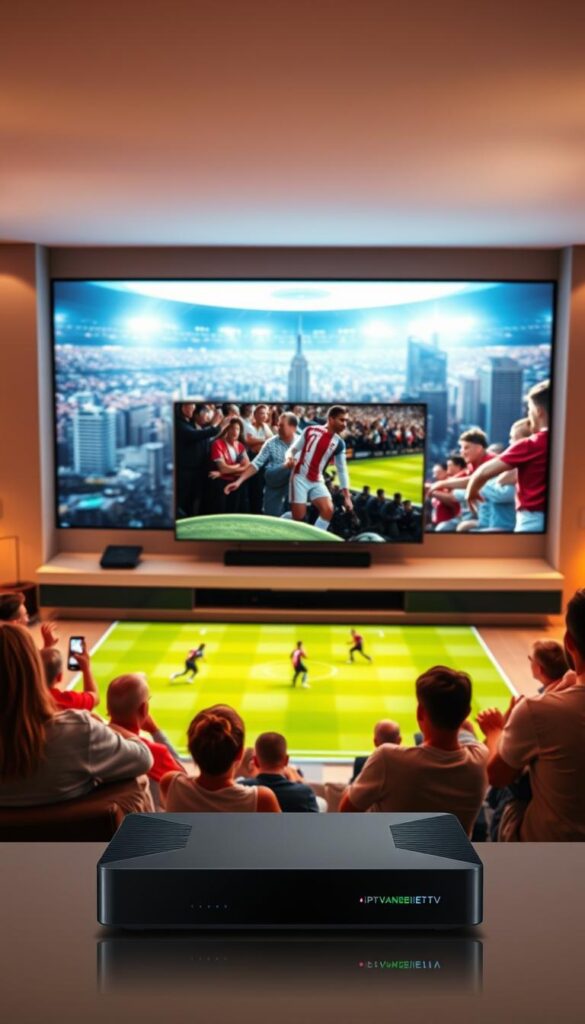 A sleek and modern living room with a large, high-definition television screen prominently displayed. The room is bathed in warm, diffused lighting, creating a cozy and inviting atmosphere. In the foreground, a group of enthusiastic sports fans are gathered, their eyes fixed on the screen as they watch an intense football match. The middle ground features a high-end IPTVANBIETERTV streaming device, its sleek design and status lights indicating its technical superiority. The background showcases a panoramic view of a vibrant city skyline, hinting at the global reach and accessibility of the IPTV service. The overall scene conveys a sense of immersion, excitement, and the seamless integration of cutting-edge technology into the everyday lives of passionate sports enthusiasts.