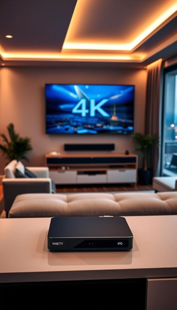 A sleek and modern living room with an ultra-high-definition 4K television mounted on the wall. The room is bathed in warm, ambient lighting, creating a cozy and inviting atmosphere. In the foreground, a sleek and minimalist media console houses the IPTVANBIETERTV set-top box, blending seamlessly with the room's decor. The middle ground features a comfortable sofa and armchair, perfect for enjoying the flexible, multi-device IPTV experience. The background showcases large windows, offering a panoramic view of the Stuttgart skyline, hinting at the versatility of the IPTV service to be enjoyed throughout the home.