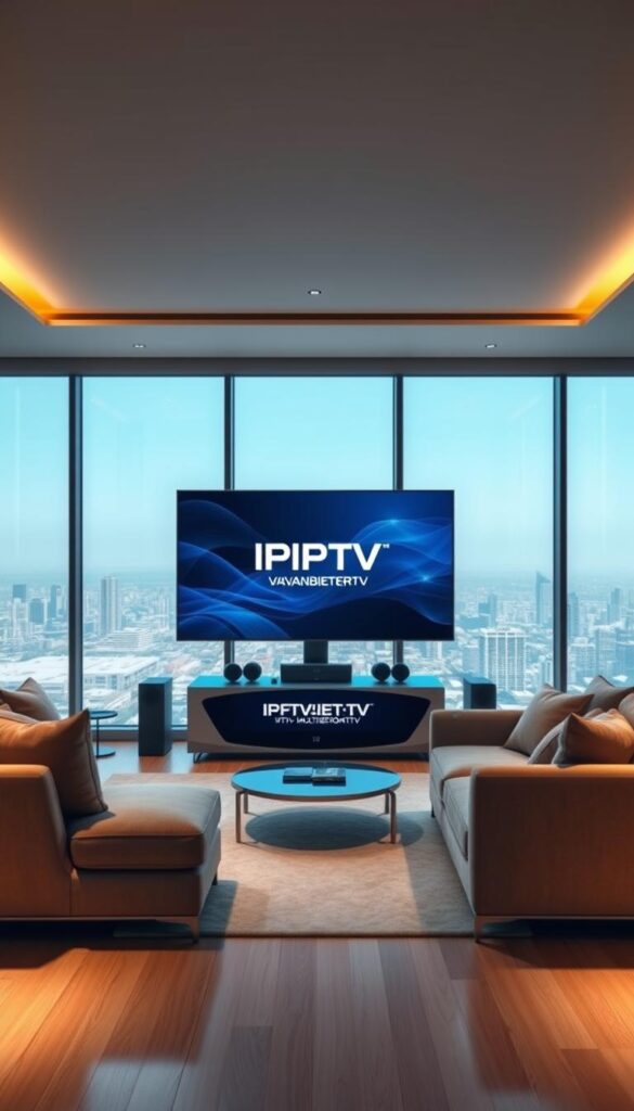 A sleek and modern living room with large windows overlooking a city skyline. In the center, a state-of-the-art IPTV Multiroom setup with a high-end television, surround sound speakers, and a futuristic media console displaying the IPTVANBIETERTV brand. The room is bathed in warm, natural lighting, creating a cozy and inviting atmosphere. The furniture is minimal and stylish, complementing the high-tech aesthetic. A plush, comfortable couch invites viewers to sit back and enjoy the immersive IPTV experience. The overall scene conveys the convenience and sophistication of the IPTV Multiroom Abo service.