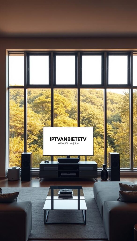 A sleek and modern living room with large windows overlooking a lush, green landscape. The room is bathed in warm, natural light, creating a cozy and inviting atmosphere. In the center of the room, a high-end entertainment system with a large, flat-screen TV is prominently displayed. On the TV screen, the IPTVANBIETERTV logo is prominently featured, indicating the availability of IPTV without a subscription. The room is furnished with minimalist, contemporary furniture, including a comfortable couch and a stylish coffee table. The overall scene conveys a sense of sophistication and the freedom of IPTV without the constraints of a traditional subscription service.