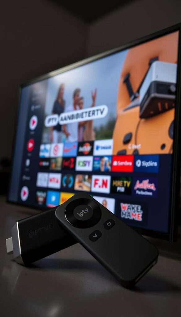 A sleek and modern-looking IPTV service provider interface displayed on a Firestick device, showcasing a vast selection of live TV channels, on-demand content, and user-friendly navigation. The interface features the brand name "IPTVANBIETERTV" prominently displayed, with a clean and minimalist design. The lighting is soft and natural, highlighting the device's smooth edges and the vibrant colors of the UI elements. The camera angle is slightly elevated, providing a clear and comprehensive view of the Firestick and the IPTV service. The background is blurred, creating a sense of depth and focus on the main subject. The overall mood is one of sophistication, practicality, and a seamless user experience.