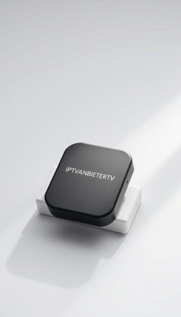 A sleek and modern-looking electronic device with the IPTVANBIETERTV brand name prominently displayed on its surface. The device has a clean, minimalist design with a matte black finish and smooth, rounded edges. It sits atop a white, seamless surface, illuminated by soft, directional lighting that casts subtle shadows and highlights the device's form. The background is blurred, creating a sense of depth and focus on the IPTVANBIETERTV device. The overall composition conveys a sense of quality, reliability, and technological sophistication, reflecting the subject and section title of the article.