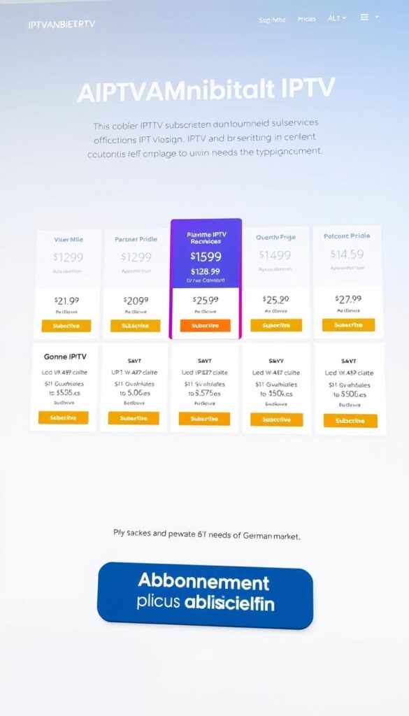 A sleek and modern-looking website interface showcasing the various IPTV subscription plans and pricing options offered by IPTVANBIETERTV. The foreground features a prominent call-to-action button labeled "Abonnement abschließen" (Subscribe), inviting the user to sign up. The middle ground displays a grid of different package options, each with clear pricing and feature information. The background has a clean, minimalist design with subtle gradients and geometric patterns, creating a sense of sophistication and professionalism. The overall tone is one of clarity, accessibility, and a premium IPTV service tailored to the needs of the German market.