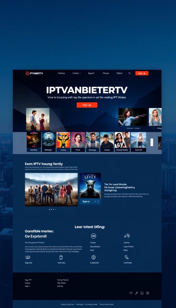 A sleek and modern-looking website with the IPTVANBIETERTV brand prominently displayed. The homepage features high-quality images of popular movies and TV shows, showcasing the wide range of content available. The layout is clean and intuitive, with clear calls-to-action for signing up or learning more about the service. The color scheme is a mix of deep blues and grays, conveying a sense of professionalism and reliability. In the background, a cityscape of Germany can be seen, establishing the local market focus. The overall impression is of a leading IPTV provider offering a premium viewing experience to customers in Deutschland.