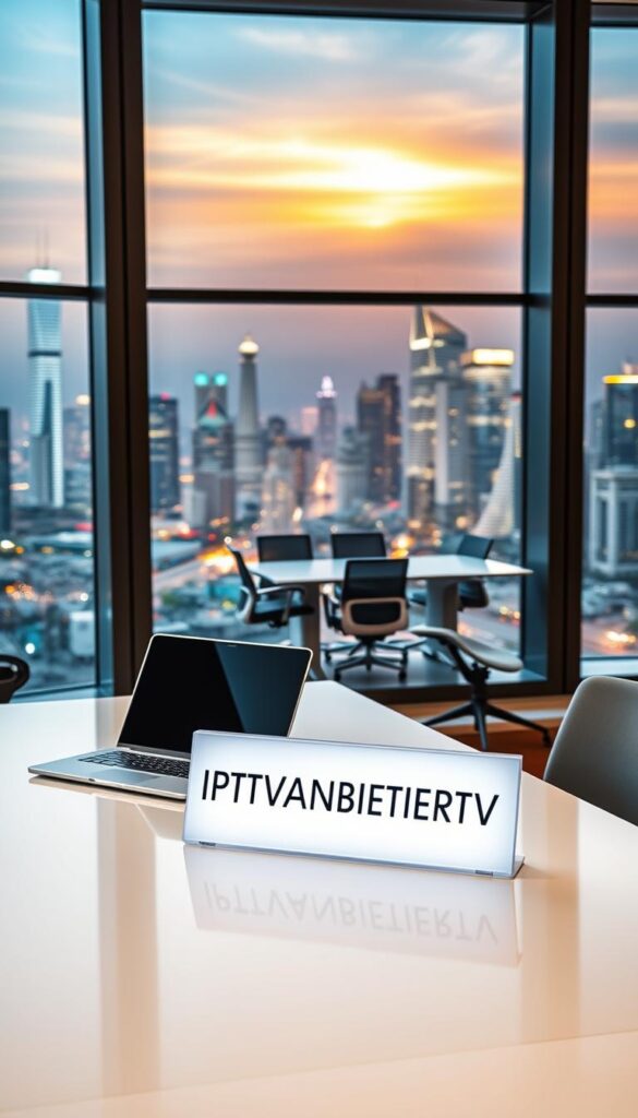 A sleek and modern office interior with large windows overlooking a bustling city skyline. In the foreground, a stylish desk with a laptop, tablet, and minimalist decor. On the desk, a prominent sign displays the brand name "IPTVANBIETERTV" in a bold, clean font. The middle ground features ergonomic office chairs and a meeting table, conveying an atmosphere of efficiency and professionalism. The background showcases vibrant city lights and a warm, golden glow from the setting sun, creating a dynamic and appealing ambiance. The lighting is soft and diffused, highlighting the modern furniture and creating depth. The overall scene exudes a sense of reliable, high-quality service and customer-centric focus.