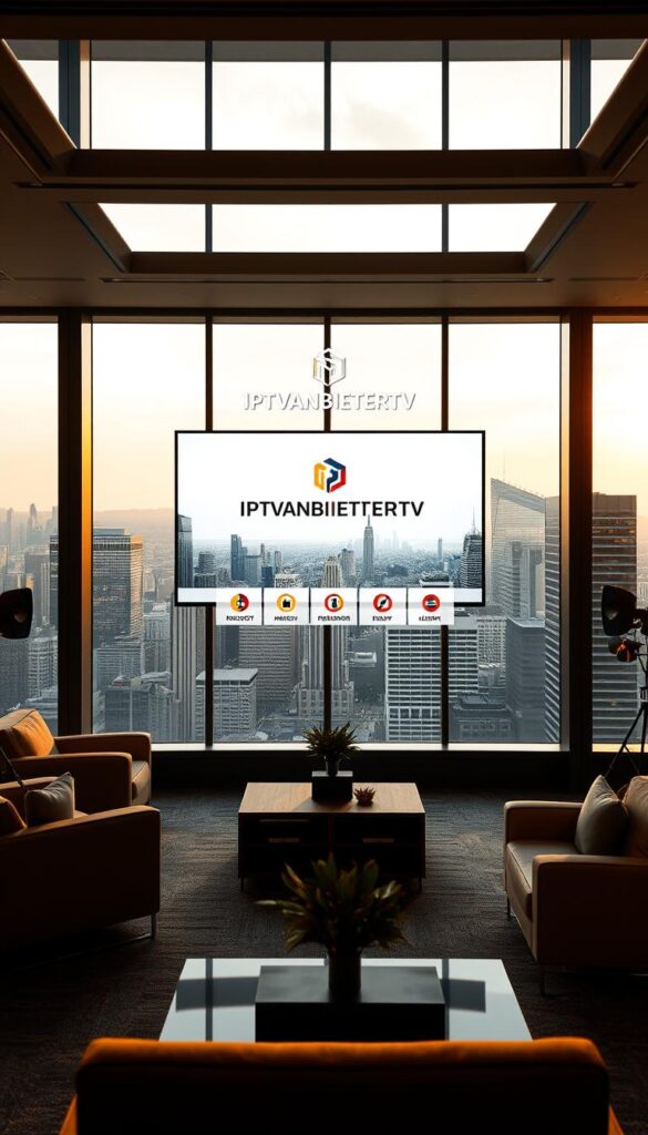 A sleek and modern office interior with large windows overlooking a cityscape, bathed in warm, diffused lighting. In the center of the frame, a prominent display showcases the IPTVANBIETERTV brand, featuring its logo and key product information. The foreground has tasteful office furnishings, while the background features the bustling city skyline, conveying a sense of professionalism and industry leadership. The overall mood is one of innovation, reliability, and a commitment to providing the best IPTV services in Germany with excellent local support.