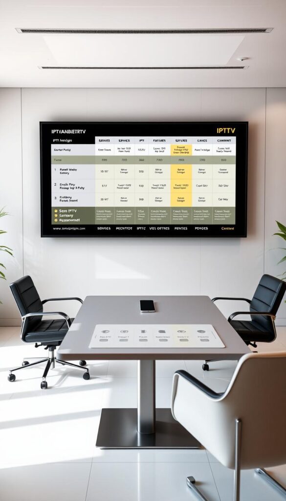 A sleek and modern office setting with a large desk, two comfortable chairs, and a wall-mounted display showcasing a comparison of various IPTV providers. The display features the brand name "IPTVANBIETERTV" prominently, with detailed information about the services, pricing, and features of different IPTV options. The lighting is soft and warm, creating a professional and inviting atmosphere. The overall scene conveys a sense of research, analysis, and informed decision-making regarding the selection of the best IPTV provider in Germany.