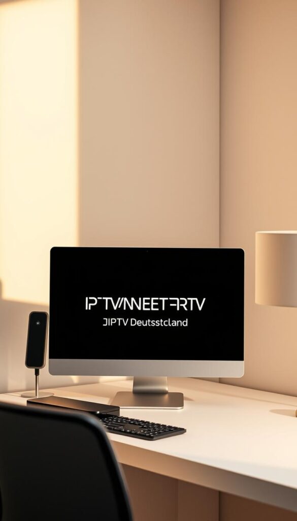 A sleek and modern setup featuring a computer screen displaying the IPTVANBIETERTV brand, showcasing the capabilities of IPTV Deutschland for PC. The screen is positioned on a clean, minimalist desk against a soft, neutral-toned background, allowing the image to focus on the main subject. Subtle lighting casts a warm glow, creating a welcoming and professional atmosphere. The composition highlights the device's versatility and the advantages of using IPTV Deutschland on a personal computer, reflecting the key points of the article section.