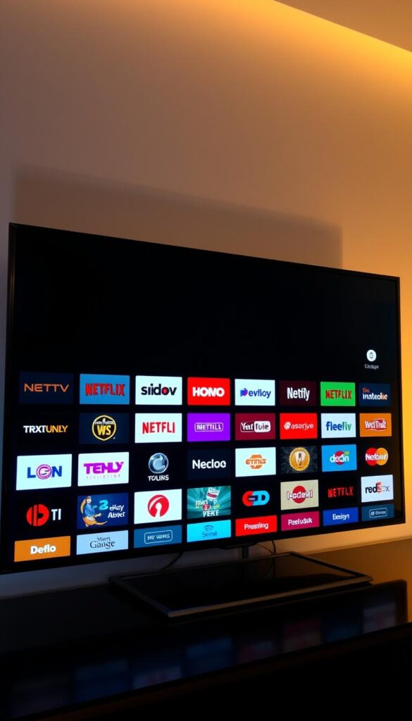 A sleek and modern smart TV interface showcasing the comprehensive channel selection of IPTVANBIETERTV, the leading IPTV provider in Deutschland. The screen displays a grid of vibrant, high-definition channel logos against a dark, minimalist background, creating a sophisticated and immersive viewing experience. Subtle lighting casts a warm glow, highlighting the attention to detail and premium quality of the IPTVANBIETERTV service. The overall composition conveys a sense of technological sophistication and the expansive entertainment options available to discerning IPTV subscribers in Germany.