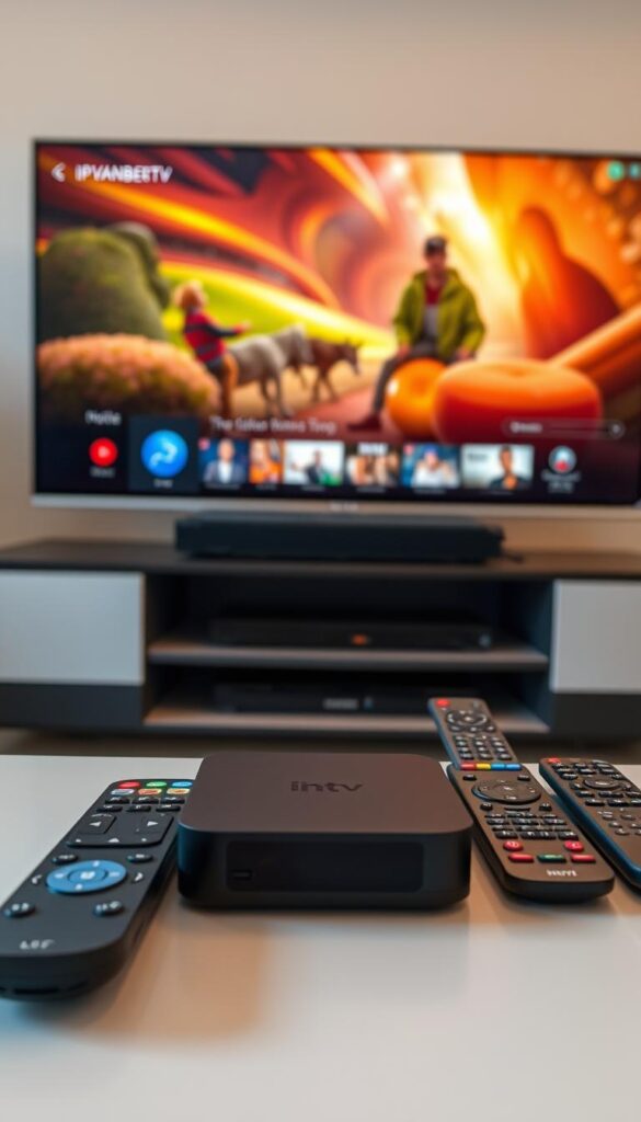 A sleek and modern smart TV setup, featuring an array of IPTV devices from IPTVANBIETERTV. In the foreground, a high-end streaming box with a clean, minimalist design sits atop a modern entertainment center. The middle ground showcases a variety of remote controls, each with their own unique features and functionalities. In the background, a large, high-definition television displays a vibrant, immersive entertainment experience. The lighting is soft and warm, creating a cozy, inviting atmosphere. The camera angle is slightly elevated, capturing the setup in a visually compelling and informative manner.