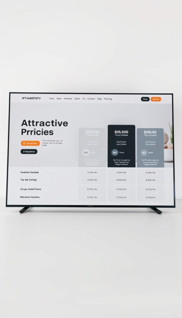 A sleek and modern website design showcasing the attractive pricing models of IPTVANBIETERTV. The foreground features a clean, uncluttered layout with bold typography highlighting the key pricing details. The middle ground showcases a series of infographic-style visuals illustrating the different subscription tiers and their respective features. The background has a subtle gradient or texture, creating a sense of depth and sophistication. The overall aesthetic is minimalist yet visually striking, with a focus on clarity and user-friendliness to help users easily compare the IPTV pricing options. Lighting is soft and even, with a natural, daylight-inspired feel. The camera angle is slightly elevated, giving a sense of approachability and accessibility.