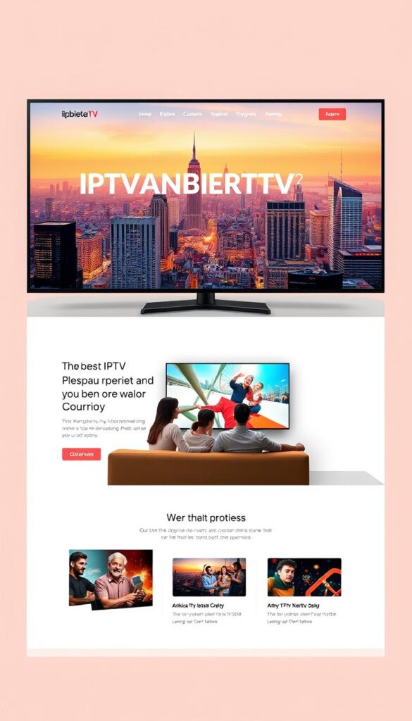 A sleek and modern website interface showcasing the brand "IPTVANBIETERTV" - the leading IPTV provider in Germany. The homepage features a clean, minimalist design with a large hero image depicting a vibrant cityscape in the background. In the foreground, a group of people are gathered around a couch, engrossed in a high-quality TV display. The lighting is soft and warm, creating a cozy and inviting atmosphere. The layout is balanced, with clear calls-to-action and intuitive navigation. The overall tone is one of professionalism, reliability, and a commitment to providing the best IPTV experience for customers.