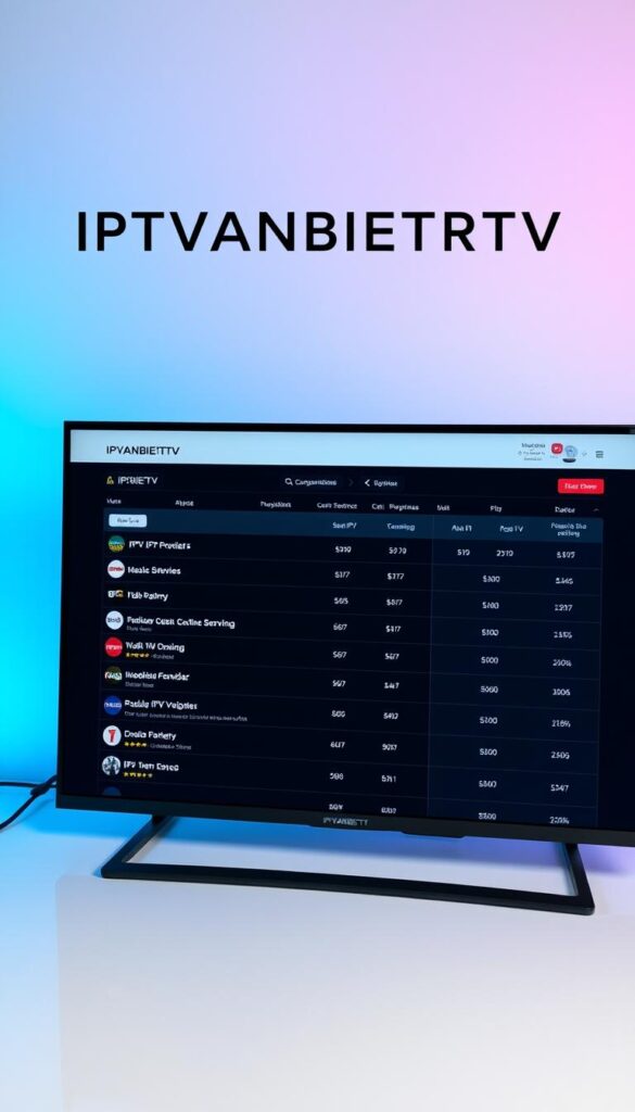A sleek and modern website interface with the brand name "IPTVANBIETERTV" prominently displayed. The screen showcases a side-by-side comparison of popular IPTV providers, highlighting their features, pricing, and customer ratings. The layout is clean and intuitive, making it easy for users to navigate and find the best IPTV service for their needs. The overall aesthetic is professional and trustworthy, conveying the message that IPTVANBIETERTV is a reliable and authoritative source for IPTV information and recommendations. The scene is well-lit, with a subtle gradient background that adds depth and visual interest. The image should effectively communicate the expertise and trustworthiness of IPTVANBIETERTV as the go-to resource for finding the best IPTV provider in Germany.