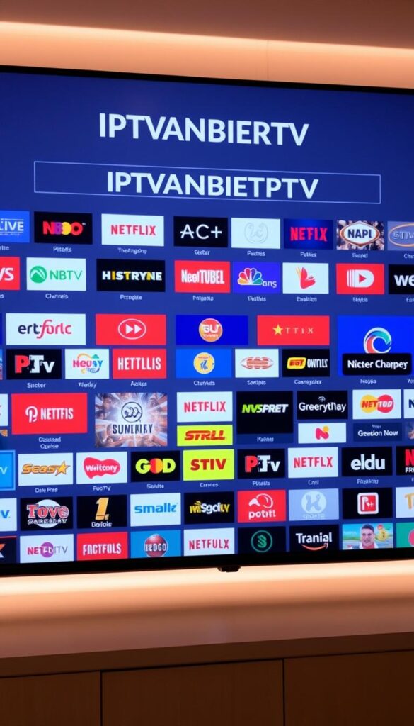 A sleek and sophisticated IPTV channel selection interface, showcasing a vast array of high-definition entertainment options. Elegant user interface with a clean, minimalist design, highlighting the IPTVANBIETERTV brand prominently. Vibrant, high-quality channel logos and thumbnails presented in a well-organized grid layout, inviting the user to explore the diverse selection. Soft, diffused lighting creates a warm, inviting atmosphere, while strategic camera angles and depth of field emphasize the depth and breadth of the channel lineup. The overall visual presentation conveys a sense of professionalism, reliability, and a premium streaming experience.