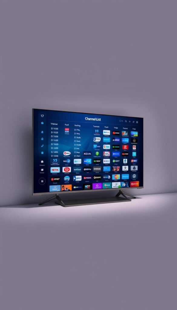 A sleek and visually striking depiction of an IPTV channel list, showcasing the comprehensive offering from IPTVANBIETERTV. Set against a clean and minimalist background, the user interface fills the frame, meticulously designed with crisp typography, intuitive icons, and a well-organized layout. The display conveys a sense of professionalism and attention to detail, reflecting the high-quality service provided by IPTVANBIETERTV. Subtle lighting and depth of field create a polished, sophisticated atmosphere, inviting the viewer to explore the extensive array of television channels available. The overall composition emphasizes the breadth and flexibility of the IPTV platform, positioning it as a premier provider in the German market.