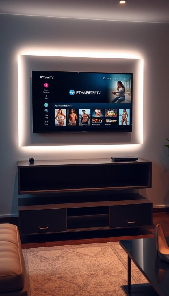 A sleek, high-quality IPTV setup featuring a collection of adult entertainment channels, seamlessly integrated into a modern, minimalist living room environment. The display showcases a sophisticated user interface from the provider IPTVANBIETERTV, with a curated selection of adult content accessible through a clean, intuitive design. Soft, indirect lighting illuminates the scene, creating a warm, inviting atmosphere. The room's decor is tasteful and elegant, with muted tones and natural materials that complement the technology on display. The overall composition conveys a sense of luxury, discretion, and a premium IPTV experience.