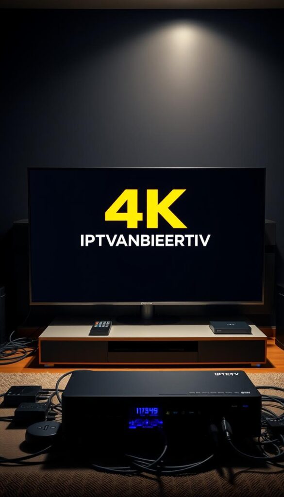A sleek, high-tech 4K IPTV setup, showcasing the latest advancements in home entertainment technology. A modern flat-screen TV commands the foreground, displaying the IPTVANBIETERTV brand logo with vibrant, life-like clarity. Surrounding the TV, various streaming devices and cables seamlessly integrate, creating a cohesive, futuristic ecosystem. The middle ground features a minimalist, yet stylish media console, complementing the clean lines of the TV. In the background, a dim, moody lighting scheme sets the tone, emphasizing the cinematic ambiance of this 4K IPTV experience. The overall composition conveys the revolutionary impact of 4K technology, elevating the viewing experience to new heights.