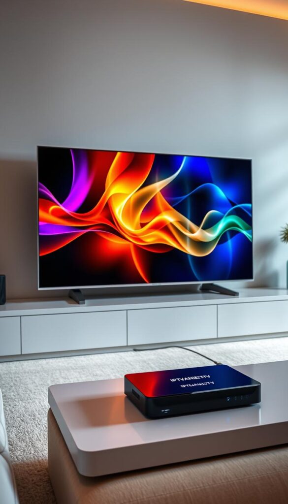 A sleek, high-tech setup showcasing the latest IPTV technology. A modern living room with a large, high-definition flat-screen TV displaying crisp, vibrant visuals. The TV is connected to a state-of-the-art streaming device branded "IPTVANBIETERTV", reflecting the latest advancements in IPTV services. Soft, directional lighting illuminates the scene, highlighting the attention to detail and premium quality. The room is minimalist, with clean lines and a neutral color palette, allowing the TV to take center stage. The overall atmosphere conveys a sense of cutting-edge technology, reliable performance, and an immersive viewing experience.