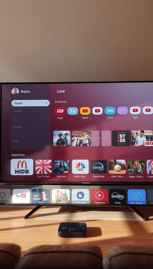 A sleek, intuitive user interface for the IPTVANBIETERTV platform, showcasing a seamless streaming experience. A clean, minimalist design with well-organized menus, clear iconography, and responsive controls. The interface appears effortless, guiding the user through a wide selection of live TV channels, on-demand content, and customizable settings. Warm, natural lighting illuminates the display, creating a pleasant, inviting atmosphere. The overall composition conveys a sense of user-friendliness, accessibility, and refined technological sophistication.