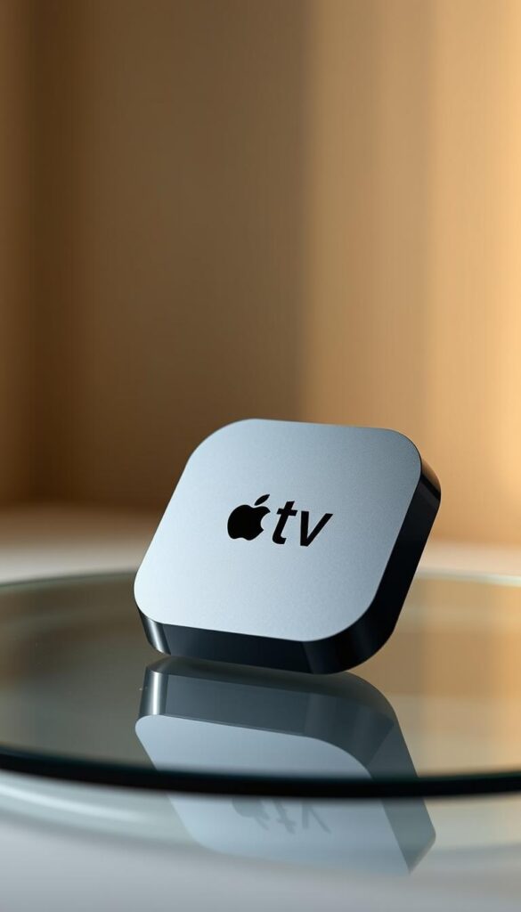 A sleek, minimalist IPTV device compatible with Apple TV, sitting atop a polished glass surface. The device has a clean, contemporary design with smooth, rounded edges and a subtle IPTVANBIETERTV logo. The lighting is soft and diffused, creating a warm, inviting atmosphere. The background is a simple, neutral color that allows the device to be the focal point. The composition is balanced, with the IPTV device positioned centrally and the scene framed to showcase its streamlined form and functionality. The overall impression is one of sophistication, technology, and a seamless IPTV streaming experience.