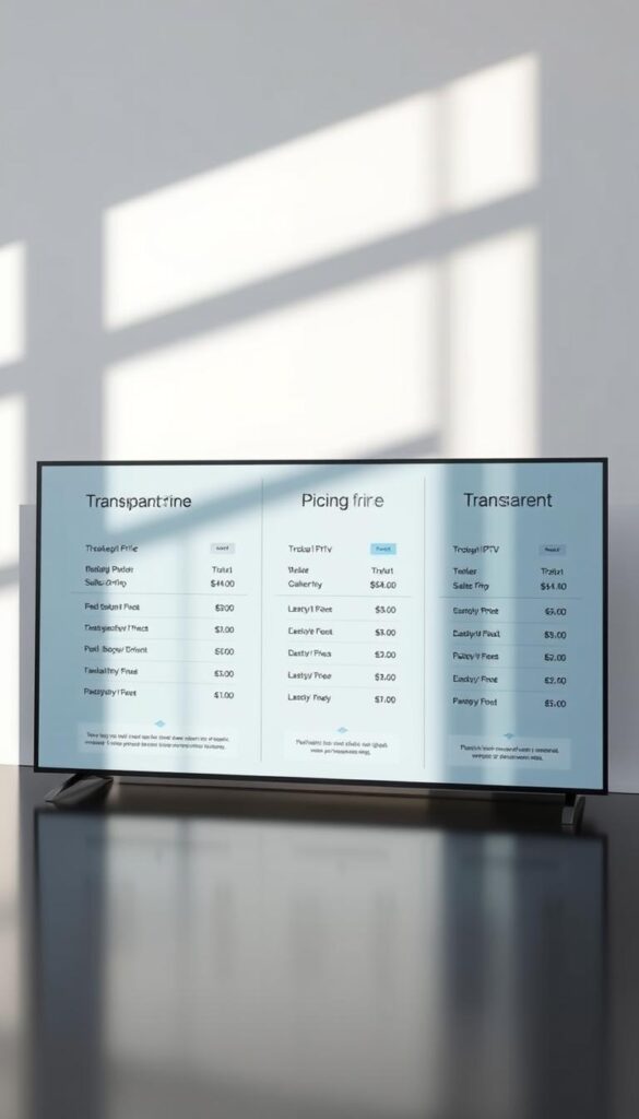 A sleek, minimalist IPTVANBIETERTV product display showcasing transparent pricing options. The scene features a clean, well-lit environment with a smooth, reflective surface, casting subtle shadows. The pricing information is presented in a straightforward, easily readable format, with clear delineation between subscription tiers and associated costs. The overall impression is one of simplicity, transparency, and high-quality design, conveying a sense of trust and reliability for the IPTV service.