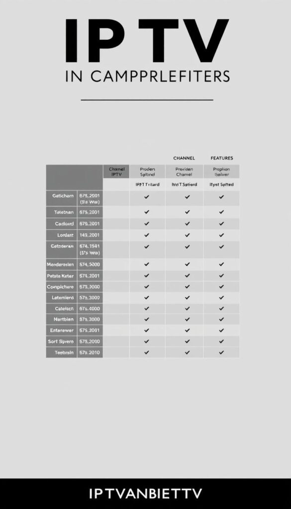 A sleek, minimalist comparison chart displaying the channel selection and features of various IPTV providers in Germany, including the prominent IPTVANBIETERTV brand. The chart occupies the central focus, with a clean, neutral background that allows the data to shine. The layout is well-organized, with clear delineation between the providers and their respective offerings. The color scheme is muted, with a harmonious blend of greys, whites, and subtle accents to enhance readability and professionalism. The overall impression is one of a comprehensive, authoritative guide to help users make an informed decision about their IPTV service in Deutschland.