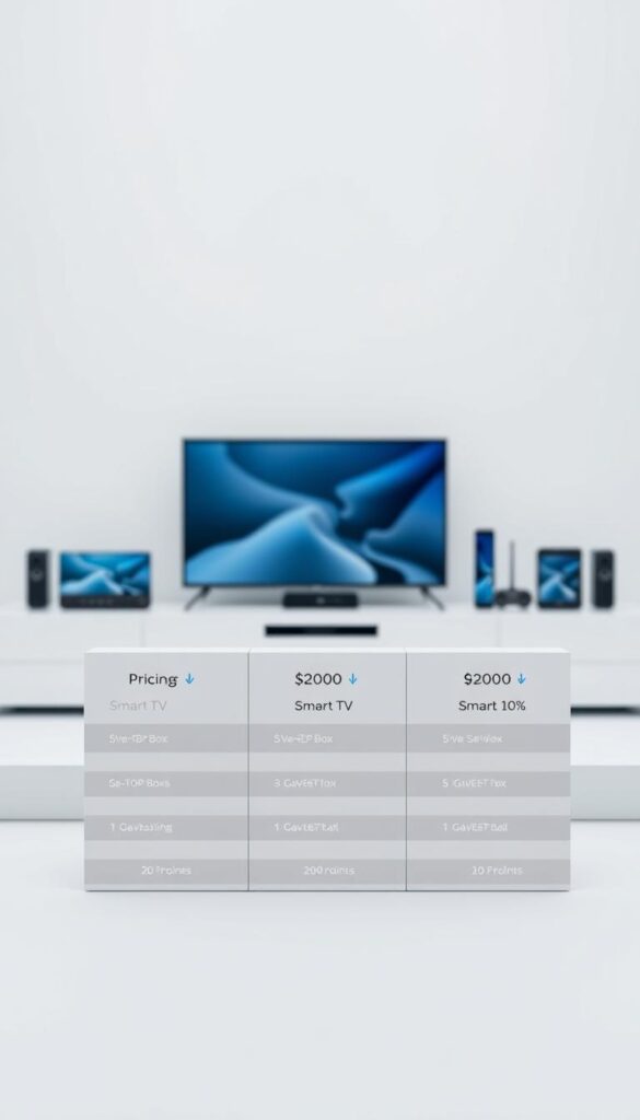 A sleek, minimalist display showcasing the affordable pricing options for IPTVANBIETERTV. The foreground features a clean, contemporary layout with clear, legible pricing information presented in a grid-like arrangement. The middle ground showcases various devices compatible with the IPTV service, such as smart TVs, set-top boxes, and mobile devices, all positioned neatly. The background is a soft, blurred gradient, creating a sense of depth and focus on the central pricing details. The overall mood is one of simplicity, professionalism, and value, reflecting the affordable and accessible nature of the IPTV service.