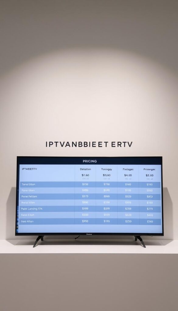 A sleek, minimalist display showcasing the detailed pricing structure of IPTVANBIETERTV, a leading IPTV service provider in Germany. The foreground features a simple, clean-lined table with crisp, legible pricing details arranged in a grid-like layout. The table is set against a neutral, muted background, allowing the information to take center stage. Subtle lighting from above casts a soft, even glow, highlighting the clarity and professionalism of the presentation. The overall mood is one of modern, straightforward elegance, conveying the reliable and transparent nature of the IPTV service's pricing model.