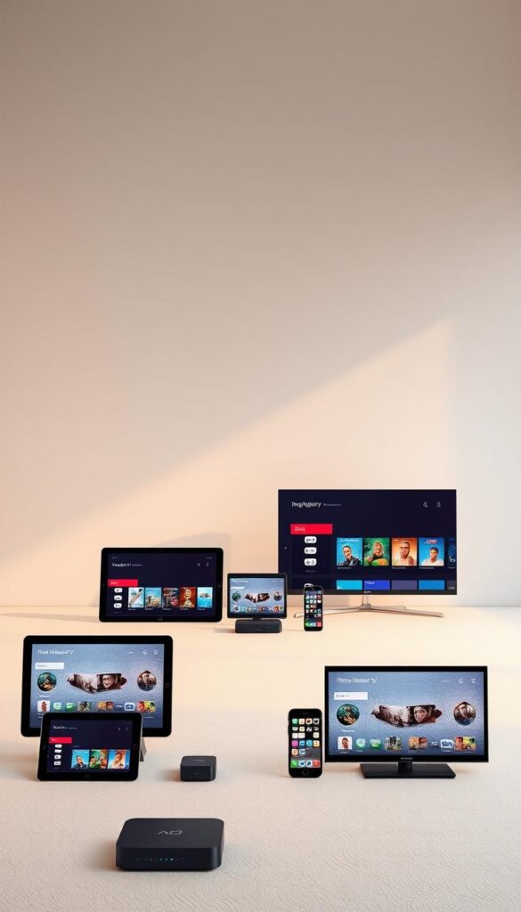 A sleek, minimalist display showcasing the device compatibility of IPTVANBIETERTV. In the foreground, a variety of modern screens and devices - smart TVs, tablets, smartphones, and streaming boxes - are artfully arranged, their screens displaying a seamless IPTV interface. The middle ground features a clean, neutral background, allowing the devices to take center stage. Soft, diffused lighting creates a warm, inviting atmosphere, emphasizing the user-friendly nature of the IPTV service. The composition is balanced and visually appealing, highlighting the wide range of devices that can access IPTVANBIETERTV's content.