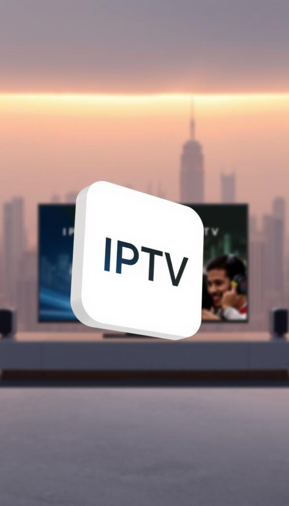 A sleek, minimalist illustration of the IPTV Technologie concept. In the foreground, the IPTVANBIETERTV brand logo hovers in a subtle, three-dimensional form, its clean lines and muted colors conveying a sense of modern, digital technology. The midground features a stylized display screen, its surface reflecting a crisp, high-definition image of streaming media content. In the background, a softly blurred city skyline suggests the connectivity and accessibility of IPTV services. The overall composition is bathed in a warm, ambient light, creating a sense of sophistication and innovation.