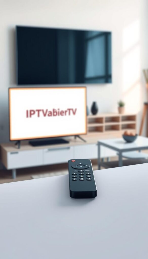 A sleek, minimalist illustration showcasing a monthly cancelable TV package. In the foreground, a modern TV set displays the IPTVANBIETERTV logo, its screen emanating a warm, inviting glow. The middle ground features a minimalist remote control, its clean lines and intuitive design conveying the ease of use. The background depicts a subtly blurred, contemporary living room setting, suggesting the comfort and flexibility of the TV package. The overall scene is bathed in soft, natural lighting, creating a sense of tranquility and control. The composition emphasizes the key features - customizability, convenience, and seamless entertainment experience.
