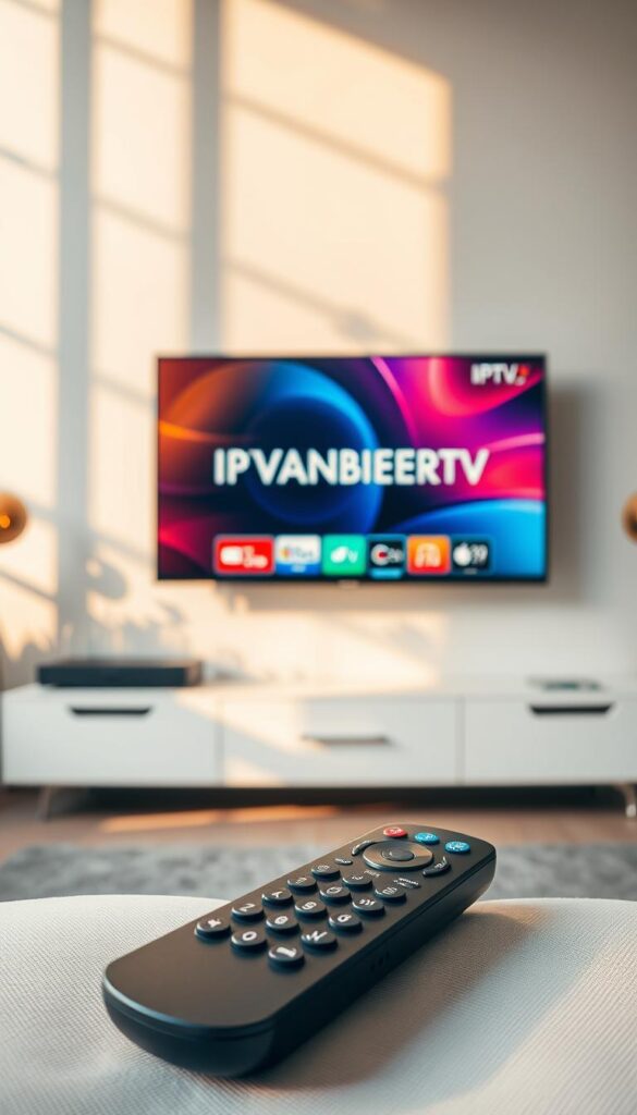 A sleek, minimalist image showcasing the IPTV streaming experience in Deutschland. Set against a clean, modern backdrop, a high-quality television displays a vibrant, crisp IPTV interface with the brand name "IPTVANBIETERTV" prominently featured. The scene is bathed in warm, natural lighting, creating a sense of comfort and immersion. In the foreground, a state-of-the-art remote control sits ready, hinting at the seamless user experience. The overall composition conveys the convenience, quality, and reliability of IPTV streaming in Germany.