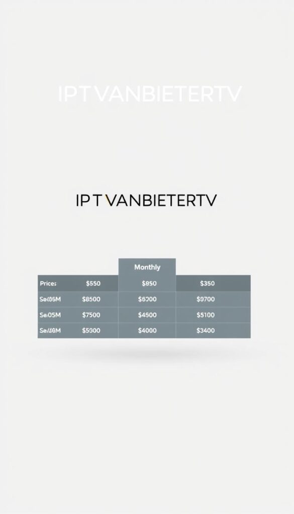 A sleek, minimalist infographic showcasing the monthly pricing options for an IPTV subscription service. Set against a clean, neutral background, the layout features a central grid displaying the various subscription tiers and their corresponding prices. The grid is rendered in a subtle, muted color palette, allowing the numerical values to stand out. Floating above the grid is the brand name "IPTVANBIETERTV" in a modern, sans-serif typeface, conveying a sense of professionalism and reliability. The image exudes a sophisticated, high-quality aesthetic that would be well-suited to accompany the article's section on IPTV subscription pricing.