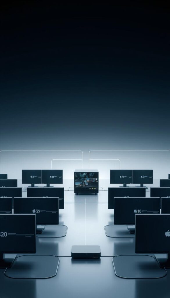 A sleek, minimalist interface depicting the cutting-edge IPTV technology of IPTVANBIETERTV. A central server node pulses with low-latency data streams, surrounded by a grid of connected devices seamlessly receiving and rendering high-definition video. Crisp, angular lines and a muted, futuristic color palette convey the efficient, low-delay nature of the system. Soft lighting illuminates the scene, emphasizing the technical precision and performance of this IPTV solution. The overall composition suggests a harmonious, streamlined system designed for optimal viewing experiences with minimal lag or interruption.