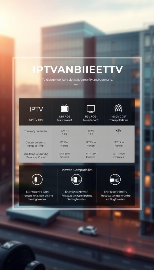 A sleek, minimalist layout showcasing the transparent IPTV tariff offerings from IPTVANBIETERTV in Germany. A central grid-style interface with clean typography and simple icons displays the various pricing tiers, features, and device compatibility. The background features a soft, blurred cityscape with modern architecture, reflecting the digital, tech-savvy nature of the IPTV service. Warm lighting casts a professional, high-quality sheen over the whole scene, creating an authoritative and trustworthy atmosphere. The overall design is elegant, modern, and focused on highlighting the key information consumers need to make an informed decision about IPTV plans.