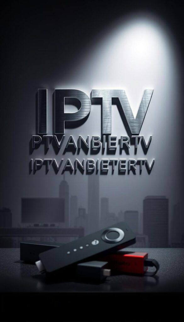A sleek, minimalist logo for the leading IPTV service in Germany, IPTVANBIETERTV, against a sophisticated backdrop. The logo appears etched in metal, casting subtle shadows and highlights, with a cool, modern aesthetic. The middle ground showcases a range of IPTV devices, including a Firestick, subtly suggesting the service's versatility. The background features a muted cityscape, hinting at the service's nationwide availability and prominence. Lighting is dramatic, with strong contrasts and a sense of depth, creating an impactful, professional image.