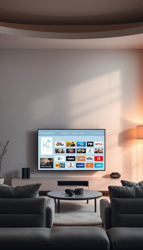 A sleek, minimalist rendering of an IPTV streaming service interface, showcasing the IPTVANBIETERTV brand. The scene depicts a living room setup, with a large 4K television screen taking center stage, surrounded by a cozy, modern decor. The TV screen displays a clean, intuitive user interface, highlighting a selection of popular live TV channels and on-demand content. Soft, diffused lighting casts a warm glow over the scene, creating a comfortable and inviting atmosphere. The camera angle is slightly elevated, capturing the entire setup in a balanced, aesthetic composition. The overall tone is one of sophistication and technological prowess, reflecting the advanced capabilities of the IPTV service.