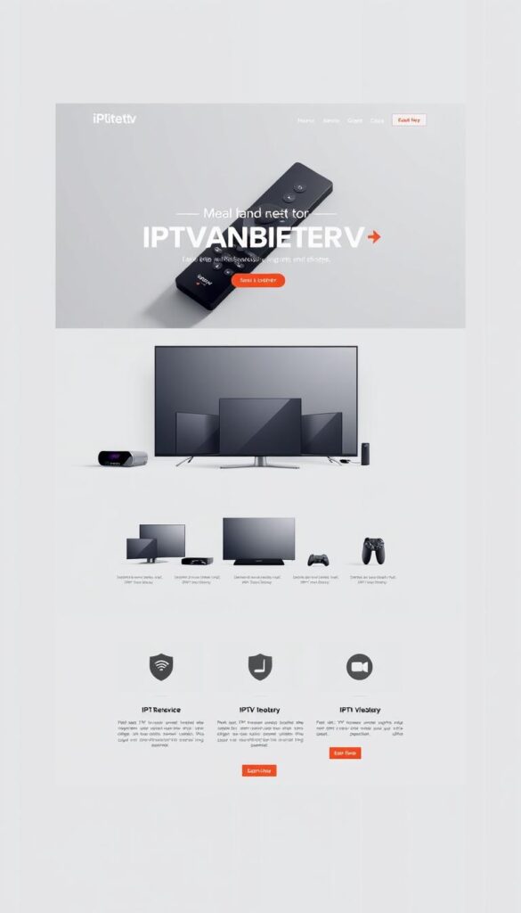A sleek, minimalist website design showcasing the IPTVANBIETERTV brand. The homepage features a hero section with a striking image of a smart TV remote, conveying the modern, tech-savvy nature of the IPTV service. The layout is clean and intuitive, with clear call-to-action buttons for signing up or learning more. In the middle ground, a series of device mockups demonstrate the compatibility of the IPTV service across various platforms. The background is a soft, gradient-based color scheme that exudes a sense of sophistication and professionalism. Subtle lighting and camera angles create depth and emphasize the premium quality of the IPTVANBIETERTV offering.