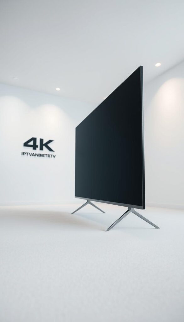 A sleek, modern 4K television set stands prominently in the foreground, showcasing its high-resolution display and vivid color accuracy. The television is surrounded by a minimalist, well-lit room with clean lines and neutral tones, creating a serene, technology-focused atmosphere. In the background, a subtle IPTVANBIETERTV logo appears, hinting at the television's ability to provide a premium 4K streaming experience. The image is captured with a wide-angle lens, emphasizing the television's central role and the room's spacious, contemporary design. The overall mood conveys a sense of immersive, high-quality entertainment and the technological advancements that enable it.