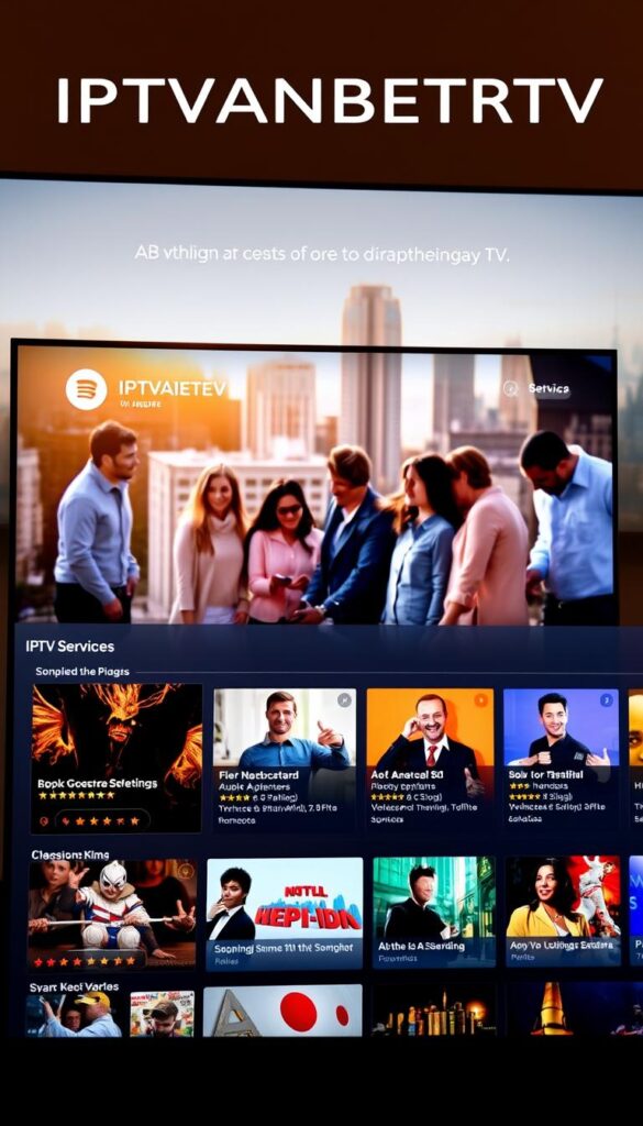 A sleek, modern Android TV interface showcasing the IPTVANBIETERTV brand. In the foreground, a selection of popular IPTV service options with detailed information and ratings. In the middle ground, a group of satisfied customers interacting with the intuitive user experience. The background features a blurred cityscape, conveying a sense of urban sophistication. Warm lighting and a neutral color palette create a welcoming, trustworthy atmosphere. The composition emphasizes the ease and reliability of IPTVANBIETERTV's IPTV solutions for Android TV users.