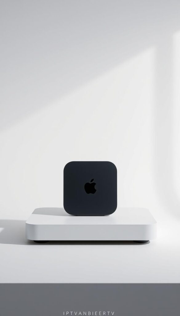 A sleek, modern Apple device prominently displayed, showcasing the seamless integration of IPTV technology. The device is positioned in a minimalist, well-lit setting, with clean lines and a refined aesthetic. The IPTVANBIETERTV logo is subtly featured, complementing the device's design. The overall atmosphere conveys a sense of sophistication and technological proficiency, reflecting the capabilities of the IPTV service for Apple devices.