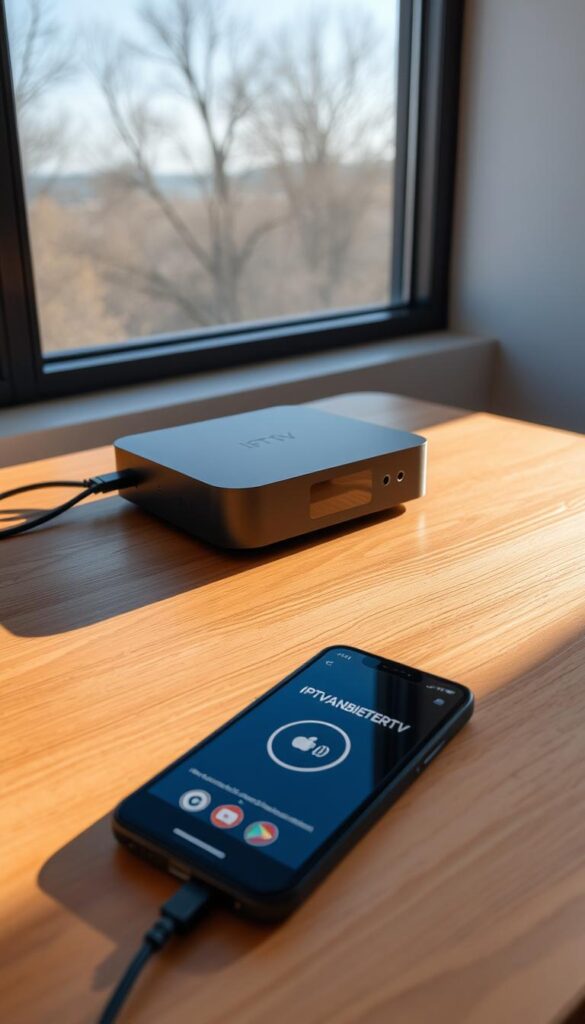 A sleek, modern IPTV-Box setup on a minimalist wooden desk, bathed in warm, natural lighting from a large window. The device sits prominently, its clean lines and matte black finish complementing the minimalist decor. Cables are neatly routed and hidden, creating a clutter-free workspace. A smartphone or tablet lies nearby, open to the IPTVANBIETERTV app, illustrating the intuitive setup and control of the IPTV service. The overall scene conveys a sense of simplicity, efficiency, and the effortless integration of advanced home entertainment technology.
