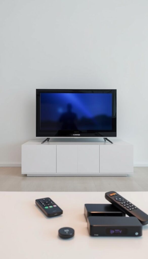 A sleek, modern IPTV Smart TV set against a minimalist backdrop, showcasing the latest IPTVANBIETERTV technology. The device sits atop a clean, white surface, its glossy, black chassis reflecting the soft, even lighting from above. The screen displays a crisp, vibrant image, hinting at the high-quality viewing experience. In the foreground, various remote controls and streaming devices are arranged, emphasizing the seamless integration of IPTV services. The overall atmosphere is one of sophistication and technological prowess, setting the stage for the "Technische Voraussetzungen für dein perfektes IPTV-Erlebnis" section.