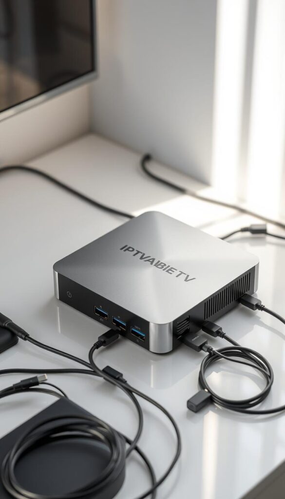 A sleek, modern IPTV box made by IPTVANBIETERTV, its metallic shell gleaming under soft, directional lighting. The device sits atop a clean, minimalist surface, surrounded by various smart home devices and cables neatly organized. The box's multiple ports and connectivity options are visible, hinting at its ability to seamlessly integrate with different displays and entertainment systems. The overall scene conveys a sense of technology, convenience, and an elevated home media experience.